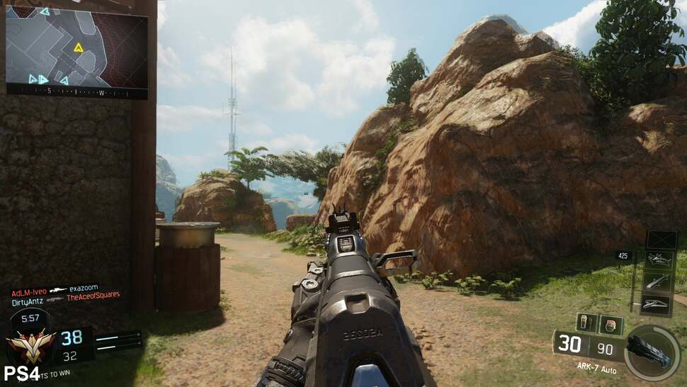 A ghosting effect is briefly deployed when initially taking aim through the iron sights, while depth of field puts focus on the target in direct line of sight