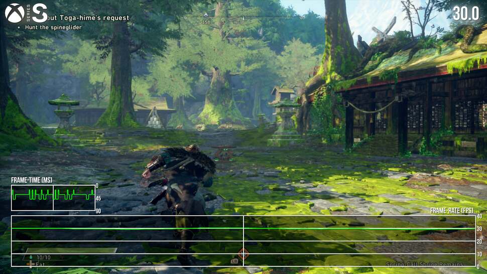 The Series S version of Wild Hearts runs at just 30fps, with no option for 60fps as with the premium machines. To throw salt in the wound here, it also has uneven frame-pacing