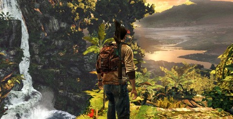 Four impressive vistas for your viewing pleasure. The skybox detailing the clouds and valleys that surround the jungle blends in nicely with the colour composition of the geometrical elements. Elsewhere, areas are densely packed with flora and ruinous structures, which in combination with too many enemies can result in poor performance.