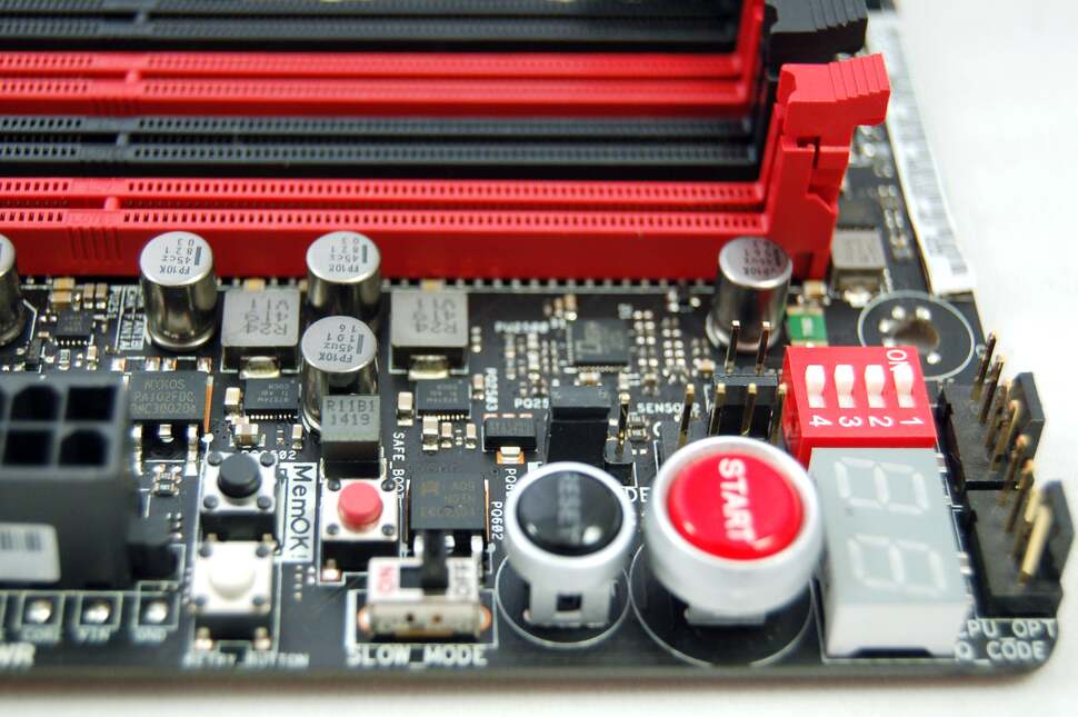 Onboard start, reset and safe boot buttons are joined by 'ReTry' button aimed to preserving BIOS settings after a failed overclock. Slow mode is an artificial speed-limiter of use to hardcore users of liquid nitrogen