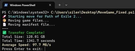 Transferring a mid-size 128GB Path of Exile 2 game installation takes quite a while - 31 minutes and 37 seconds. That works out to 69MB/s. Going the other way, Micro SD to SSD, and the transfer finishes in 22 minutes and 22 seconds, a rate of 98MB/s. 