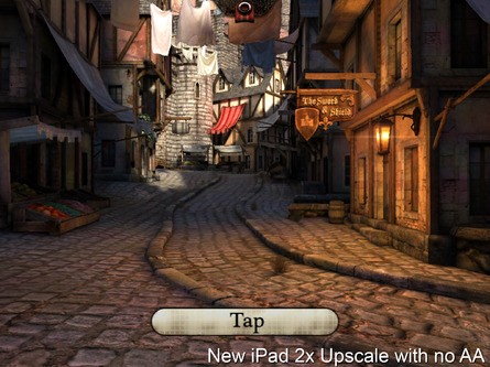 The presentation of older 3D iPad games running at the original 1024x768 resolution can vary dramatically. On the left we see that with multi-sample anti-aliasing engaged, jaggies are smoothed off nicely and the upscaling looks decent enough. However, 3D imagery with no AA suffers significantly, with lots of pixel-crawl in motion.