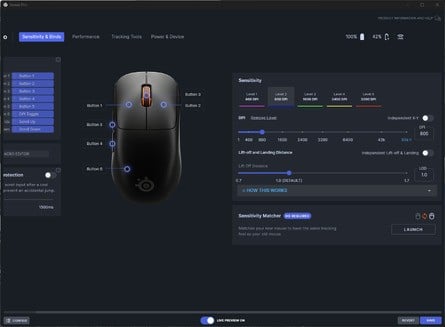 SteelSeries GG software is well laid-out and offers some unique options. A web app is also available with an identical layout, though acceleration, rotation and angle snapping settings aren't available, along with the sensitivity matcher. Click to enlarge. 