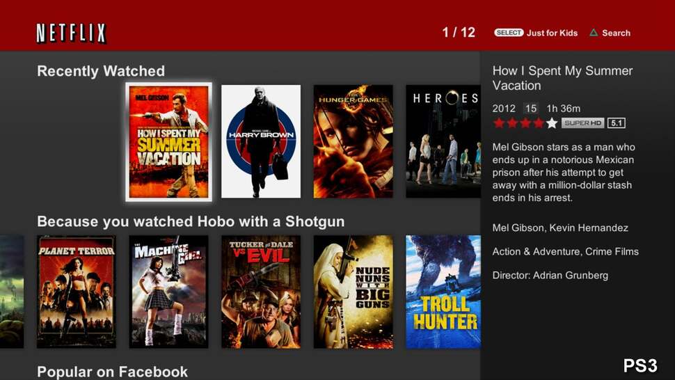 Netflix relies on categories and recommendations to deliver its content, with very similar menus on all platforms. These are displayed on the main screen, complete with box art and brief synopsis, including resolution and sound formats
