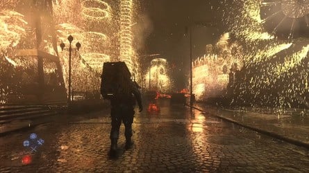 This sequence contains a breath-taking number of particles, which are reflected in the puddles below - something we don't see often, even in graphically advanced games.