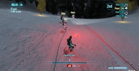 These two games are very, very close. Aside from some differences in the terrain levels, affecting the level of snow throughout the levels (top) and resolution of trails left by other players, there's very little to tell the games apart.