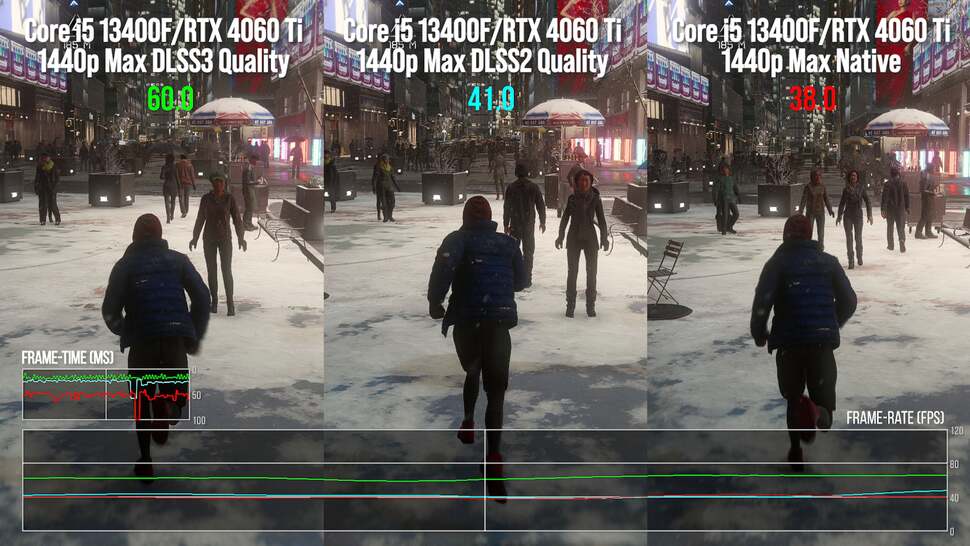 Native 1440p vs DLSS 2 vs DLSS 3. What's interesting here is that - again - stutter on the traditionally rendered gameplay is smoothed out by DLSS 3