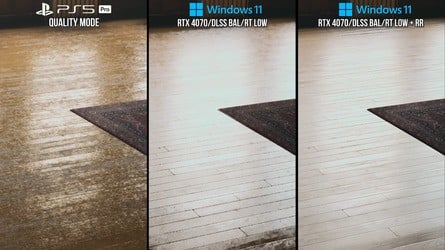 Note the differences between PC's low RT and PS5 Pro, including aggressive noise in the lodge on the left, and a less mirror-like reflection that doesn't extend to the full size of the puddle on the right.