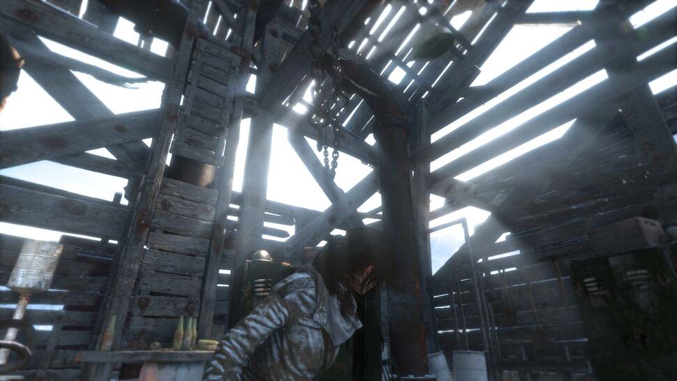 Screen-space light shafts are still used throughout the game often in conjunction with volumetric lighting. This particular scene also highlights some deficiencies in anti-aliasing quality