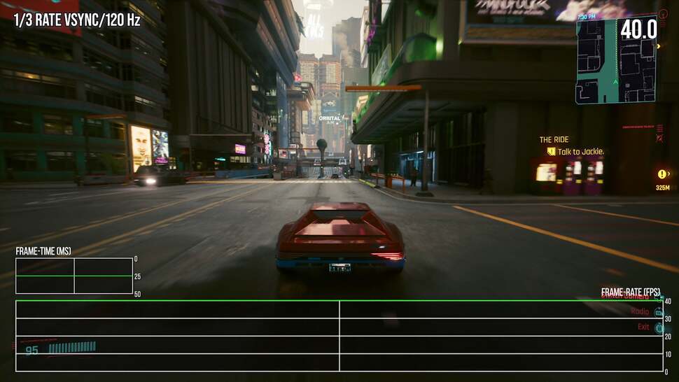 Adjustable v-sync options with consistent frame-pacing allows for things like this - a maxed out Cyberpunk 2077 running locked at a steady 40fps (25ms per frame) in a 120Hz container