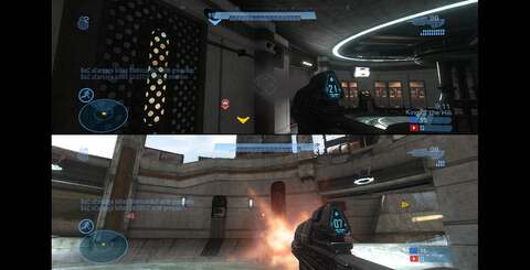 In split-screen two-player mode, the look is very similar to Halo 3. The screen shifts to a 4:3 configuration with two widescreen displays in the centre of the image.