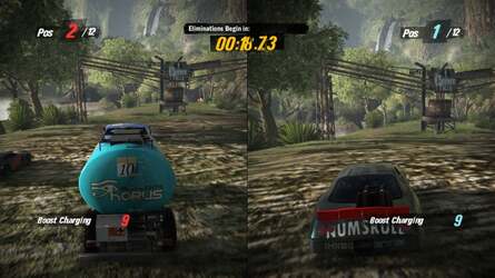 The split-screen mode of Motorstorm: Pacific Rift (2D version shown here) proved to have crucial assets necessary in gaining the performance boost required to take the game into 3D. Hardware upscaling and optimisation did the rest.