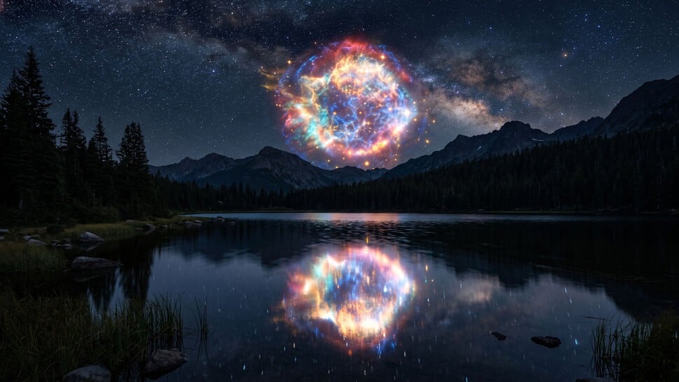 Generated image of a supernova over a lake