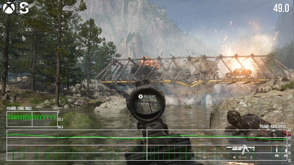 The campaign is a nigh-on 60fps lock on PS5 and Xbox Series X from start to finish. However, Series S (pictured here) is less stable, with more taxing scenes sitting in 50-60fps territory with noticeable screen-tearing