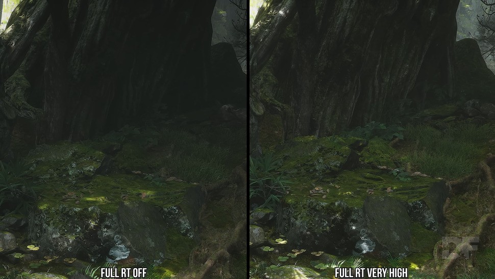 Full RT brightens up some scenes, as the blobby signed distance field approach is traded for a more expensive but accurate alternative.