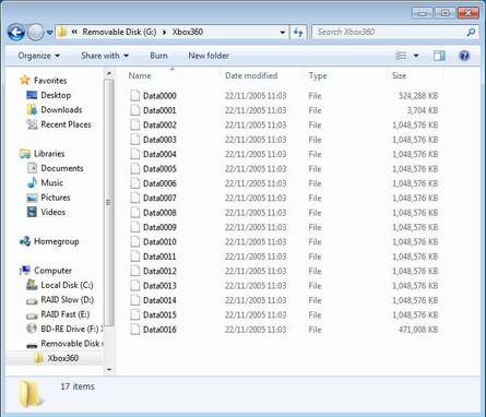 Xbox 360 simply hides its files on the drive, mostly in 1GB chunks, but with other config and system info reserved in smaller files. On the left is our 4GB Sandisk Cruzer Blade, on the right our 128GB Samsung SSD in a USB enclosure.