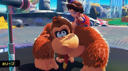 While DK Bananza is visually impressive on the whole, shadows are one area where you can spot compromises - including extremely low resolution shadows in some scenes (eg Pauline's hand, left) and flickering shadows in others (eg the steps).