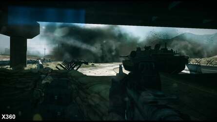 Two different anti-aliasing approaches on console. PS3 uses the search-based MLAA - here you can see how the arrival of the HUD element in the top-left upsets the search calculation, leaving a part of the black edge unfiltered. 360 appears to use FXAA - edge-smoothing isn't as good but the fact it's a universal, intelligent blur ensures that the HUD element doesn't faze it.