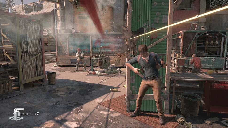 At a micro level, the market is rigged to crumble around Drake. Almost every stall and object is destructible, though chip damage is based on pre-defined chunks