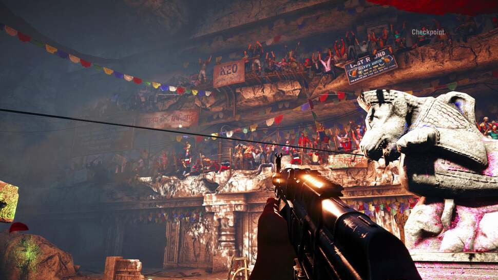 Interior detail is ramped up a notch, on the rare occasions the location switches; this scene showing off multiple NPCs and higher ornamental geometry