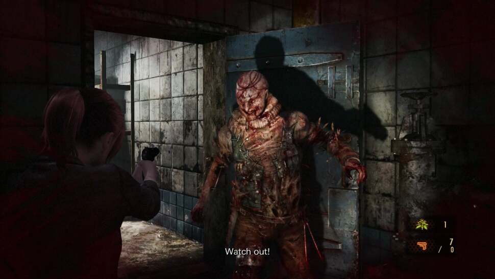 Key to any good horror is a sparing use of light. Shadows are cast dynamically from the flashlight held by Claire here, which itself is a major feature of exploring the environment