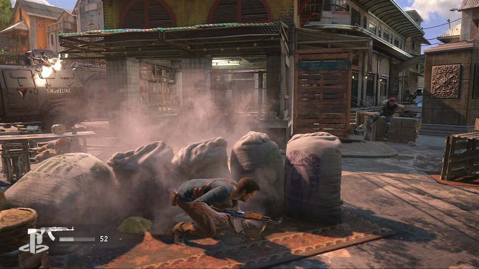 Naughty Dog's tool-set allows for mesh deformation. The rice sacks react at a physics level to bullet impact, while a separate simulation runs to have them deflate