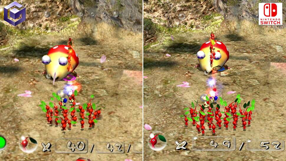 The resolution boost in Pikmin 1+2 on Switch is keenly felt. AN upgrade from 480p on the GameCube original to a full native 1080p on Nintendo Switch means the many Pikmin stay clear at range. However the core texture-work is - with a few exceptions - largely the same as it was 20 years ago