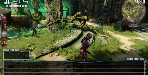 Performance mode up top, showing general play holding up well at 60fps, but struggling in the city of Baldur's Gate itself in Act Three. The bottom brace of shots show the 30fps quality mode. Performance in Act Three is much the same as performance mode, strongly indicating a CPU limitation.