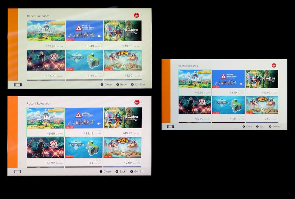 Screen comparison: Launch model (top-left), extended battery revision (bottom-left), Switch Lite (right)