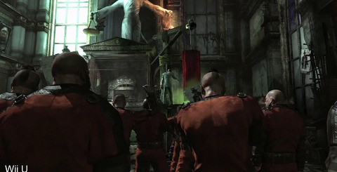 This scene appears to be rendered in real-time on PC but compression artifacting suggests that FMV is being used on 360 and PS3. Wii U is demonstrating clearly improved texture detail here and aliasing on the windows is significantly reduced.