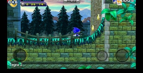 The Tegra 3-enhanced version of Sonic 4 features a wealth of graphical improvements over the normal Android and iOS versions. Polygon counts have been upped on the environments, which feature more detailed scenery, while surface shaders and normal maps enhance the look of water, and additional lighting adds a level of richness and depth to the scene only found in the XBLA and PSN versions of the game.