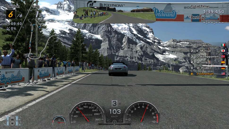 The original GT-HD Eiger track as it appears in Gran Turismo 6. It stands as one of the few tracks to make use of a polygonal crowd. Lacking supporting for realtime lighting, perhaps the crowd stands as the cause of slower performance on this track than i