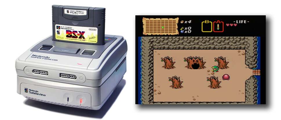 Satellaview for Super Famicom (image credit: Muband) and one of its exclusive games - an original Zelda remake, complete with satellite-streamed orchestral soundtrack and voice narration