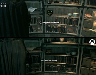 Switch versus Xbox One S, from left to right: degraded texture detail and material properties with missing indicators, grime and grass on an electrical panel; lost lighting detail and fully transparent glass in a cabinet; completely missing ambient occlusion in a bookshelf. Click to enlarge.