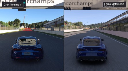 Here's an oddity: Forza features RT reflections for nearby objects like this gantry, something not found in GT7, but the sign's text isn't visible when passing at high speed. We have to approach more slowly to see the image without break-up.