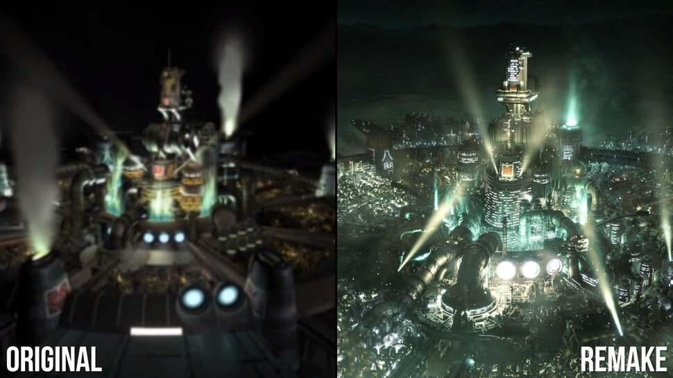 Final Fantasy 7 Remake compared to the original. The density of environmental detail is ramped up, especially in that iconic intro