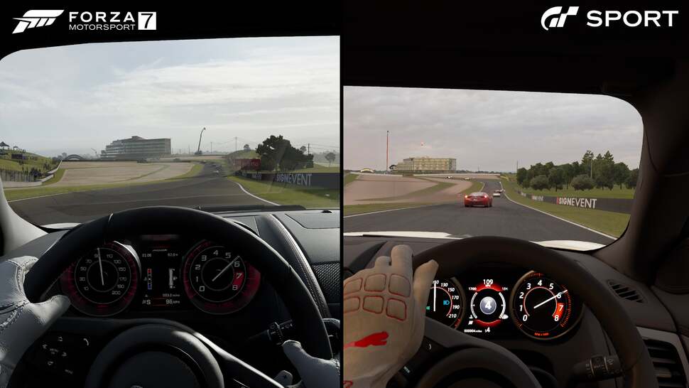 Cockpits are supremely detailed during gameplay but with subtle material differences present between them. In this case, Turn 10 has selected the American Jaguar F-Type model for its game while Polyphony Digital modelled the original right-hand drive car