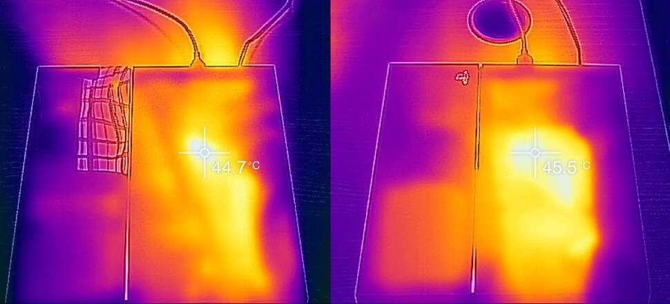 A heat map comparison between the launch PS4 (left) and the C-Chassis revision (right). In matching conditions during a game of Rocket League, the new unit's hottest point runs at 45.5 degrees Celsius, while the old hits a maximum of 44.7 degrees. More generally, the difference between them is around the two degree mark.