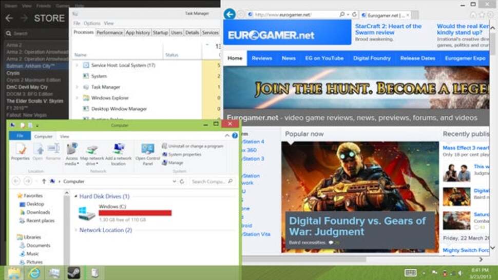 A busy desktop screengrabbed from the Surface Pro. The display runs at 1920x1080 with DPI increased to 150 per cent to make text legible. Removing the Start menu is indeed a needlessly annoying act on Microsoft's behalf, but thankfully commercial and open source projects do a good job of restoring it.