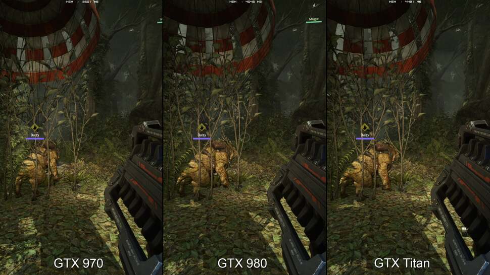 Evolve's VRAM usage (at the top of the screen) compared on GTX 970, 980 and Titan. Visually, the game looks identical on each system, but the large variance in VRAM allocation between the 970 and 980 in particular is certainly curious. Click on the image above for a closer look at the comparison.