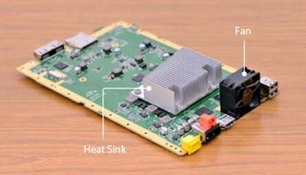 Nintendo reveals that the Wii U pumps out three times as much heat as its predecessor, so here's how the firm set about cooling the system: a heatsink sits atop the MCM module, cool air is pulled in from the side and the fan expels it from the rear. While we'd rather like a transparent Wii U, apparently this unit is just for demonstration purposes only.