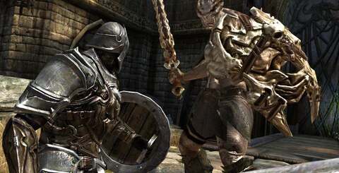 Woah. Specular maps removed from iPad Infinity Blade (but present on the iPhone 4 version) are back on iPad 2, environmental texture quality is improved, 4x MSAA smoothes off the edges and texture filtering is improved too. Infinity Blade on iPad 2 doesn't just run smoother, it looks much better.