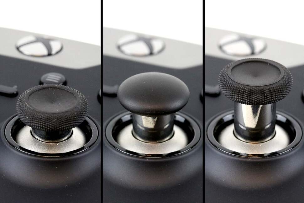 Here’s a look at the Elite controller with each of the three included analogue sticks attached. Different heights and shapes help to change the way games perform when using each stick