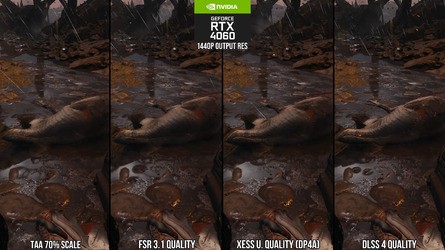 Upscalers compared: TAA at 70 percent versus FSR 3.1 quality, XeSS ultra quality and DLSS 4 quality. Click to enlarge.