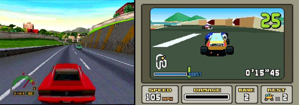 The Need for Speed (left) may look simplistic by today's standards, but Stunt Race FX (right) - released two months after NFS - demonstrated just how far behind mainstream consoles were.