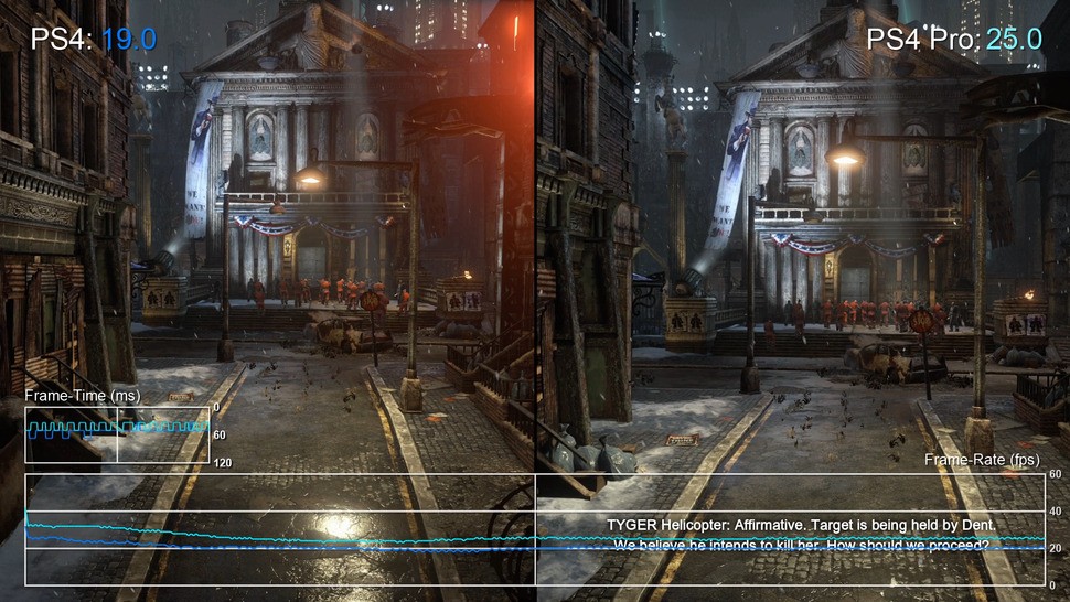 In this scene, the Pro manages just a 6fps uplift over the base PS4. The numbers correspond to the 31 per cent increase in CPU power in the new console, suggesting that the AMD Jaguars are the limiting factor in this scene.