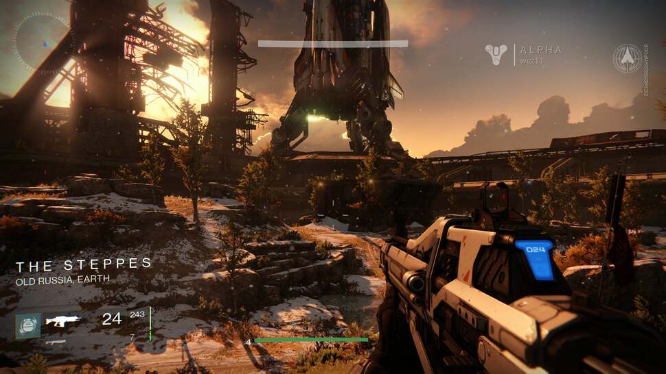 Destiny reveals its strengths within the first few seconds of gameplay.  Sunlight peaks through distant ruins, the detail terrain is bathed in real-time shadows, snow particles fill the air, and subtle post-processing enhances the weapon's positioning