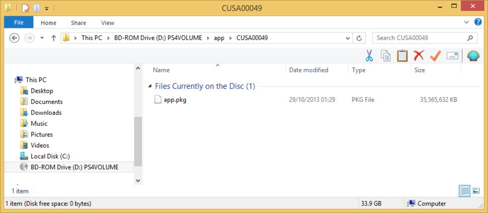A couple of sub-folders later and here we find the entirety of the game content - a 35GB .pkg file. The .pkg container has been used on PS3 and Vita too. The .pkg may well be the exact same data as a digital download from PSN