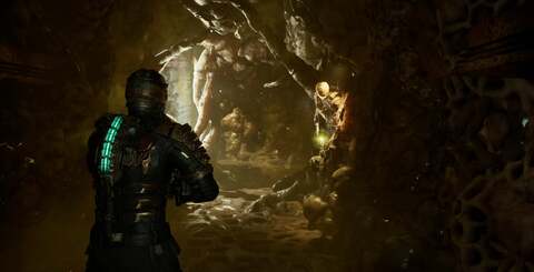 Various visual feature demonstrations: frustum-aligned voxel fog in zero-g, physically-based rendering for organic elements, physically-interactive spark particles, and beams of light interacting with glass surfaces.