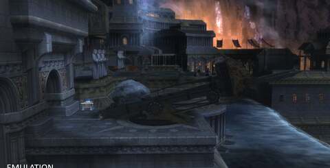 The God of War Collection maintains its frame-rate even in expansive, open environments. However, note the SD-quality background art to the right.
